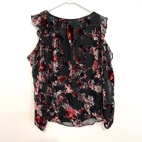WHBM WHITE HOUSE BLACK MARKET Floral Velvet Burnout Cold Shoulder Blouse PETITE - Picture 11 of 12